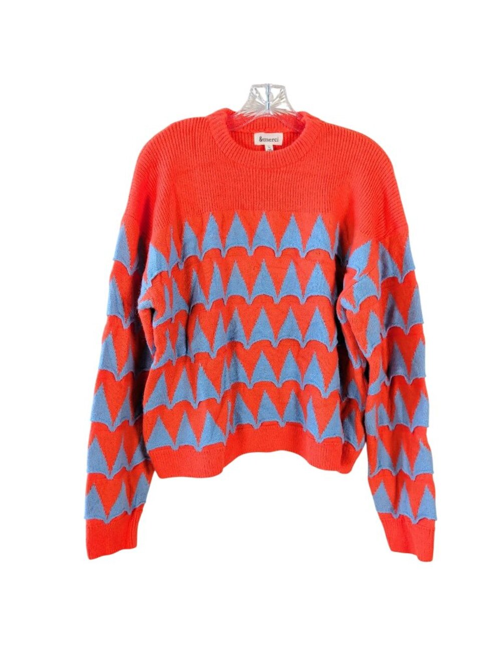 &merci Women size L Orange Blue Geometric Jacquard Knit Sweater Drop Shoulder